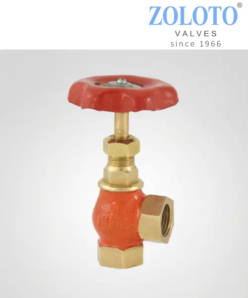 Zoloto 1001A Bronze Angle Globe Valve No. 4 (Screwed) featuring a 90 angle body construction, brass/bronze body components, and a red powder-coated sheet metal handwheel.