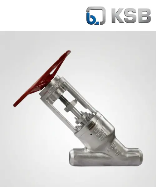 Cast steel Y-pattern globe valve featuring inclined bonnet assembly, welded/pressure-seal design, butt-weld end connections, non-rising handwheel, and external stem thread with official KSB branding header.