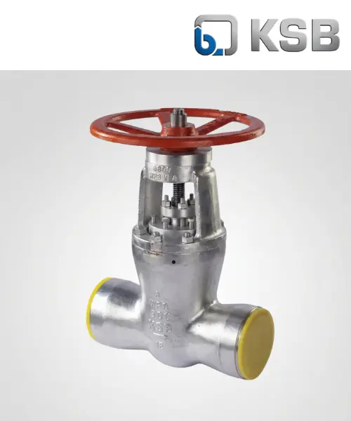 High-pressure cast steel gate valve with pressure-seal bonnet construction, butt-weld end connections, non-rising handwheel, OS&Y rising stem, and KSB branding header.