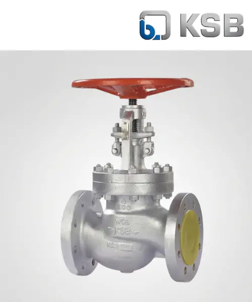 Cast steel globe valve with bolted bonnet, raised face flanged end connections, OS&Y rotating stem with handwheel, and KSB branding cast on the valve body.