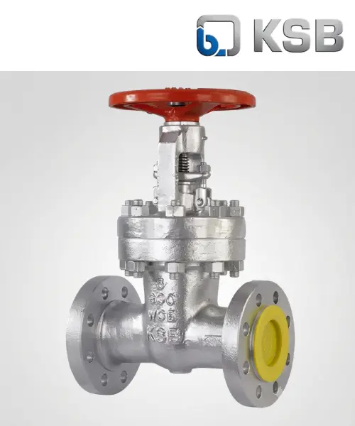 Cast steel gate valve with a bolted bonnet, handwheel actuator, raised face flanged end connections, body casting showing nominal size and pressure rating markings, and official KSB branding header.