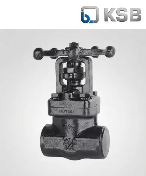 Compact forged steel gate valve featuring a bolted bonnet, Outside Screw and Yoke (OS&Y) design, handwheel operator, socket weld / threaded end connections, and KSB 800 body casting identification markings.